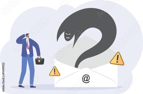 malicious message alerts, scam or phishing emails, suspicious mail. a male user is startled by a virus or monster appearing from inside the envelope. open mail. illustration concept design

