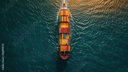 Aerial panorama of a cargo ship carrying container for import and export, business logistic and transportation in open sea with copy space