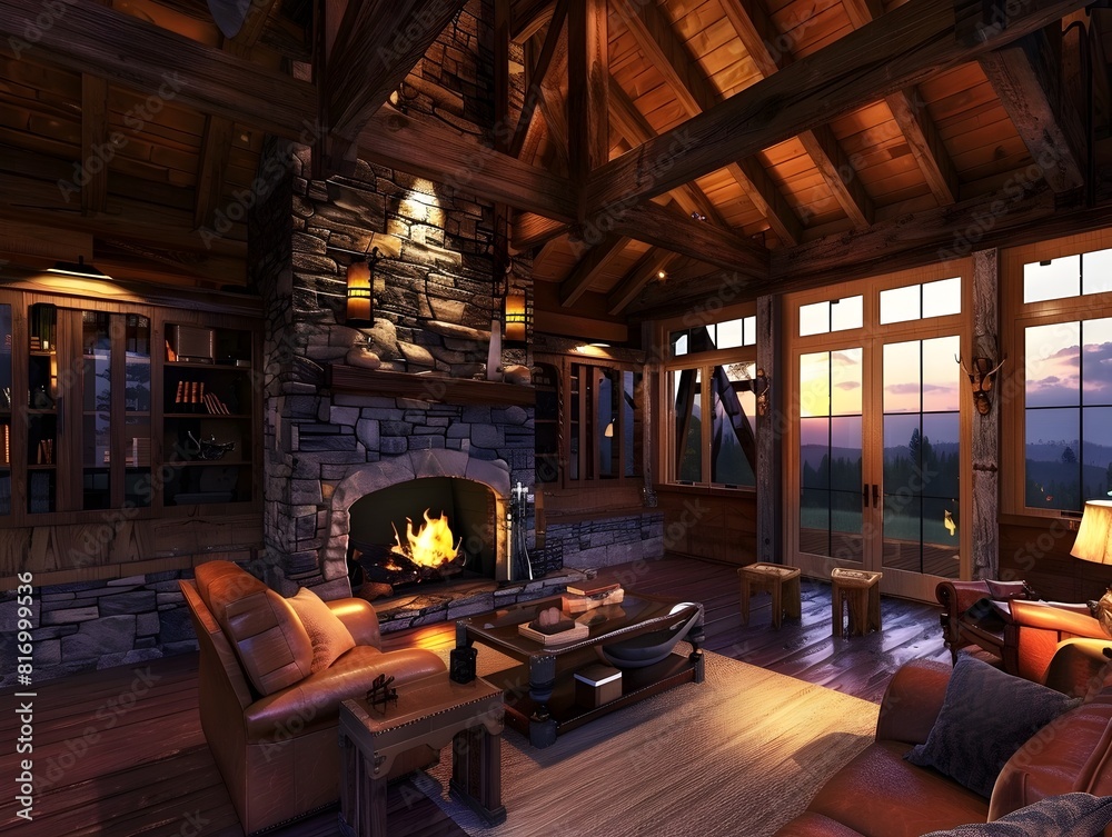 Rustic Living Space with Stone Fireplace and Scandinavian Design Influence Showcasing a Cozy and Rustic Living Space with Stone Fireplace and Scandinavian Design Influence Showcasing a Cozy and