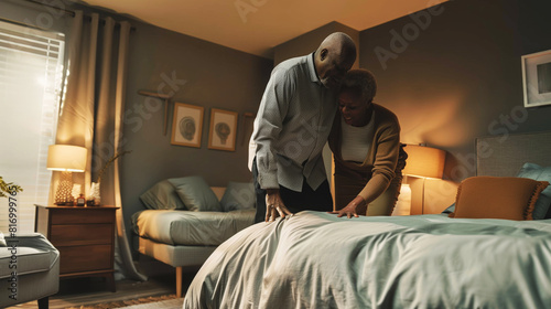 An elderly couple is making a bed together in a cozy bedroom, sharing a moment of joy and cooperation. The room is warmly lit with modern decor and soft-textured bedding. photo