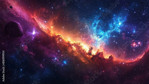 A vibrant cosmic scene featuring a colorful nebula  stars  and planets against the backdrop of deep space.