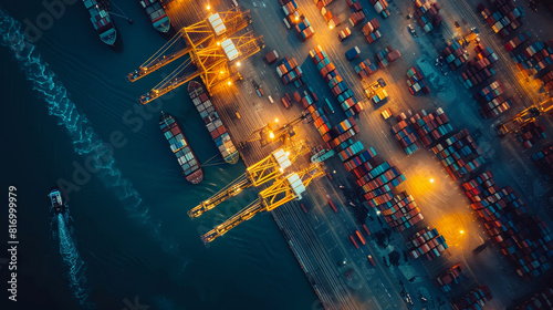 Aerial view of a bustling shipping port at dusk, featuring cargo ships and cranes