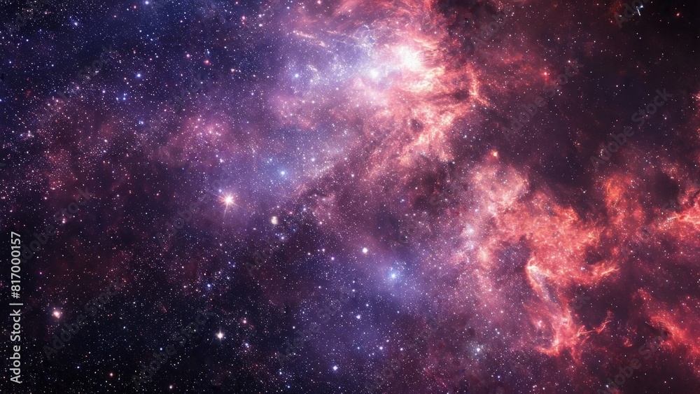 A vibrant galaxy with stars, nebulae, and cosmic dust illuminates space in radiant hues of red and blue. A vibrant galaxy with stars, nebulae, and cosmic dust illuminates space in radiant hues of red and blue.