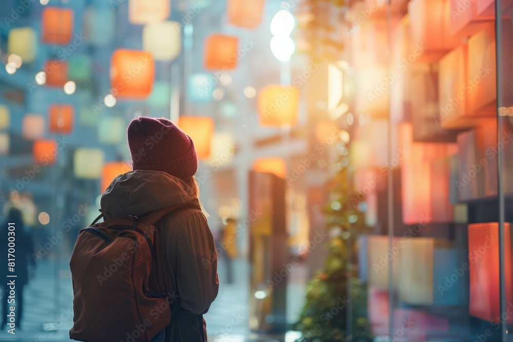 The photo shows a woman standing in a busy street with a backpack on her back. She is looking at the colorful lights hanging above her. The photo is taken from behind her shoulder. The photo shows a woman standing in a busy street with a backpack on her back. She is looking at the colorful lights hanging above her. The photo is taken from behind her shoulder.