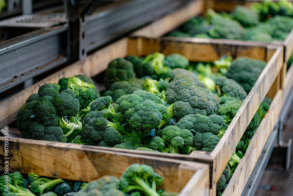 Freshly harvested broccoli neatly packed in wooden crates on a sorting line, ready for distribution Freshly harvested broccoli neatly packed in wooden crates on a sorting line, ready for distribution