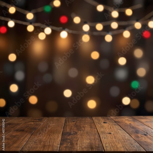 Empty woooden table top with abstract warm living room decor with christmas tree string light blur background