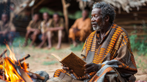 Elderly storyteller recounting ancient tales by a fire to a captivated audience in a traditional village