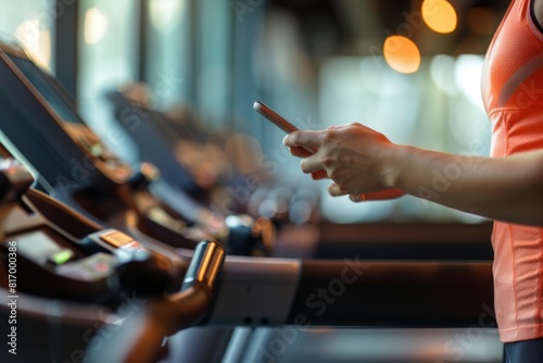 Woman in a gym using a fitness app on her phone.