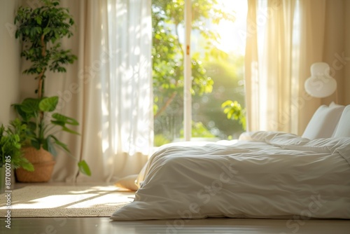 A minimalist bedroom with a smart thermostat and automated blinds  vibrant lighting adapting to the time of day.