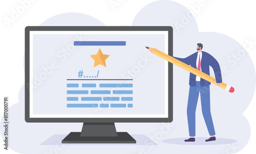 tag optimization, tagging, hashtags, premium content. a content creator writes or adds tags to increase rankings and traffic. keyword management. illustration concept design. graphic elements
