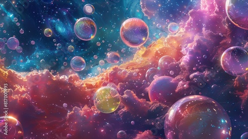 Cosmic bubbles floating in a celestial cloudscape with vibrant colors of a dreamlike outer space fantasy