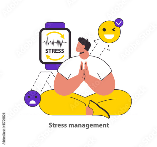Stress Management concept Showcases the use of technology and mindfulness to monitor and manage stress levels for emotional balance Vector illustration