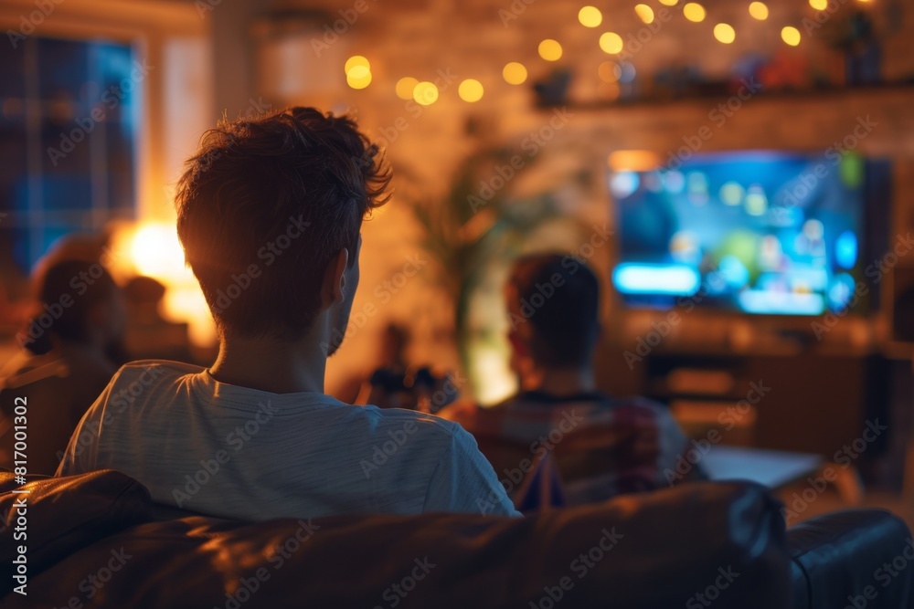 Family watching TV together in living room. Family watching TV together in living room.