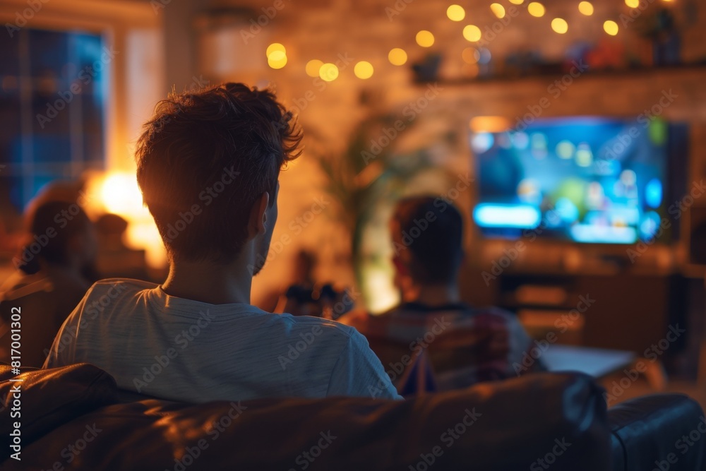 Family watching TV together in living room.