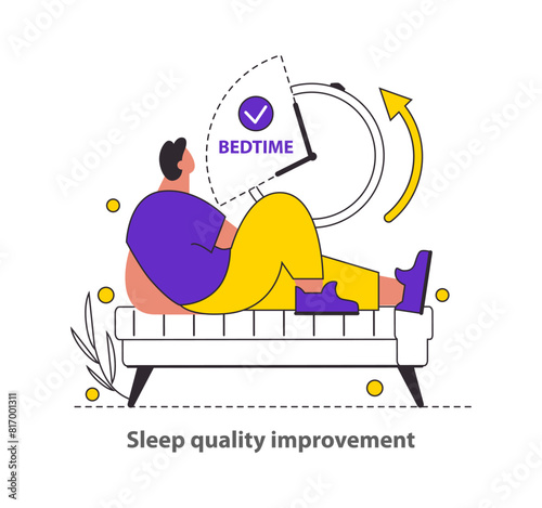 Sleep Quality Improvement concept Visualizes rest optimization with bedtime alerts Emphasizes the value of a good night's sleep for overall wellness Vector illustration