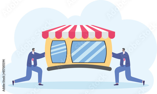 acquisition. fight over business, territory, or trademarks. two business people pull each other to fight or want to get a shop or a building. quarrels and problems. illustration concept design
