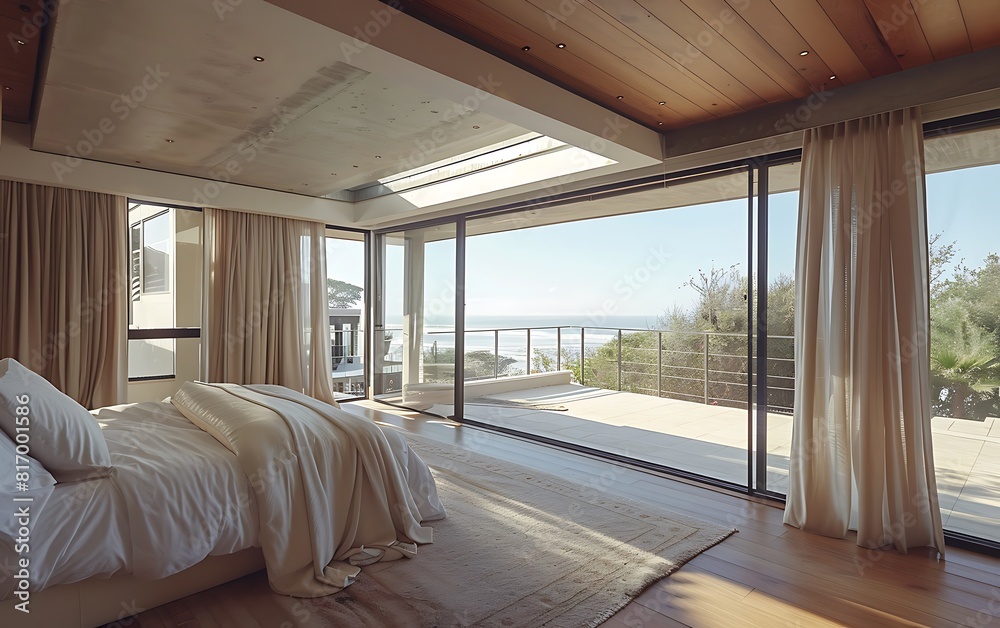 Beautiful bedroom with a wooden floor, a large window overlooking the ocean and a balcony on a sunny day