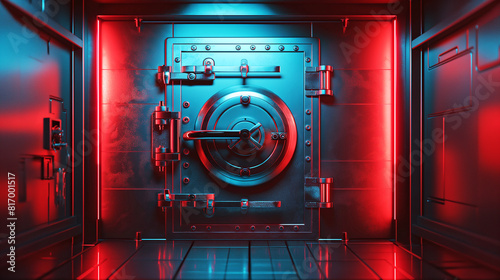 Bank vault door red and blue light , closed. 3D Render Valuable storage room 3D Render