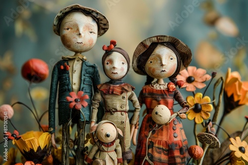 Artistic representation of a crafted doll family with vivid floral backdrop