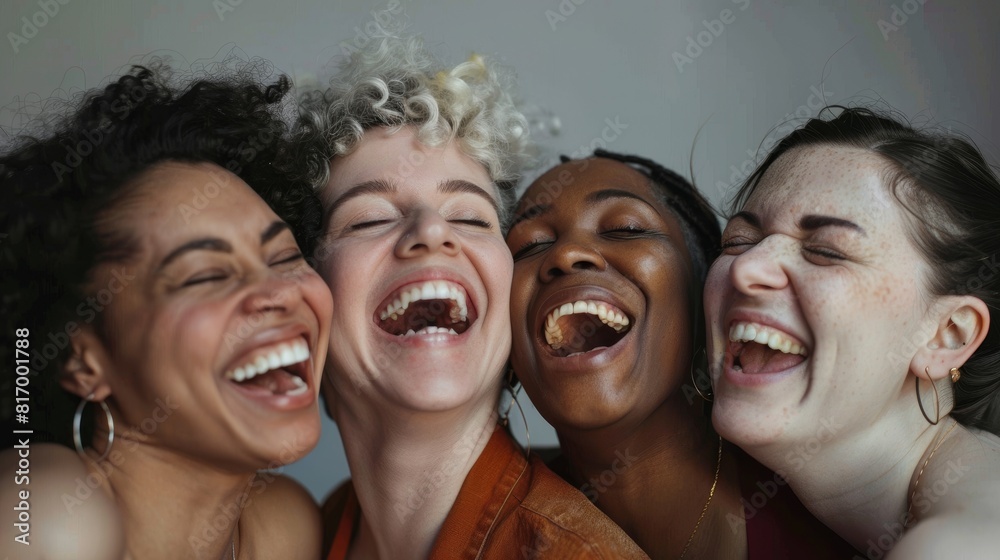 Diverse group of women laughing together in a studio, focus on joy and ...