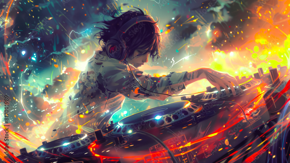 DJ playing electronic music abstract background. Background for a nightclub poster. Anime style. 