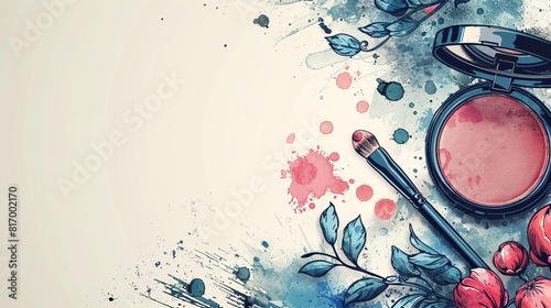 makeup brushes on border frame of beige background abstract, beauty salon cards, banner, brochure, space for text , watercolor art  photo