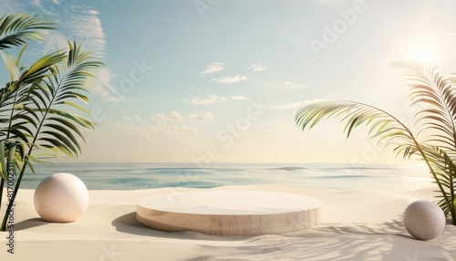 A summer beach-themed podium with a backdrop of sand and sea  ideal for promoting beach-related products or holiday advertisements in a sunny and inviting setting