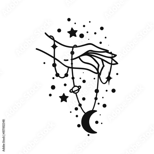 Hand line art vector design, hand drawn celestial boho logo or emblem. Magic Symbol for decoration cosmetics, market and packaging or beauty products