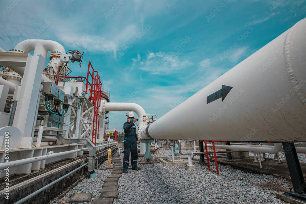 Male worker inspection at steel long pipes and pipe elbow in station oil factory during refinery valve of visual check record pipeline oil and gas Male worker inspection at steel long pipes and pipe elbow in station oil factory during refinery valve of visual check record pipeline oil and gas
