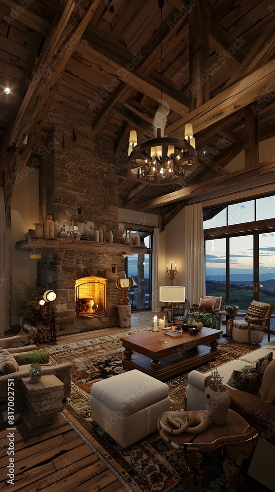 Rustic Living Room with Stone Fireplace and Panoramic Countryside Views A Cozy Invitation to Rustic Living Room with Stone Fireplace and Panoramic Countryside Views A Cozy Invitation to