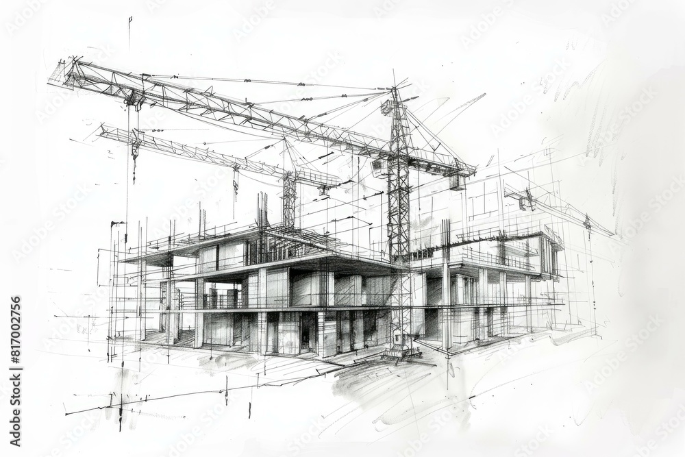 Fototapeta Pencil drawing of a building under construction with detailed scaffolding and cranes