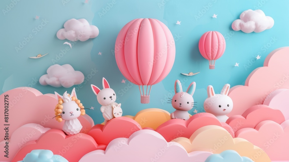 Fototapeta Charming fantasy scene of rabbits and hot air balloons floating through a serene cloud-filled sky creating a magical dreamland