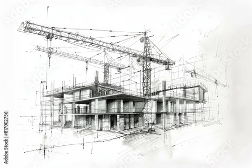 Pencil drawing of a building under construction with detailed scaffolding and cranes