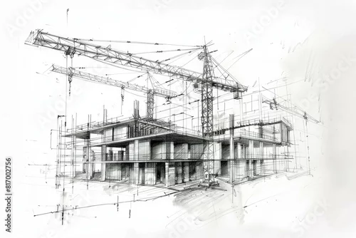 Obraz Pencil drawing of a building under construction with detailed scaffolding and cranes