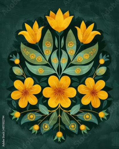 Symmetrical Ornament Green and Yellow Minimal Flower Leaves Scandinavian Folk Art green background