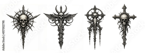 Occult magic badge with skull, witchcraft symbol set, dark magic token,  png transparent background