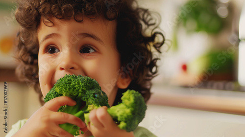 A young child with curly hair is holding and eating a piece of fresh broccoli, likely in a kitchen setting. The child appears happy and enjoys the healthy snack. photo