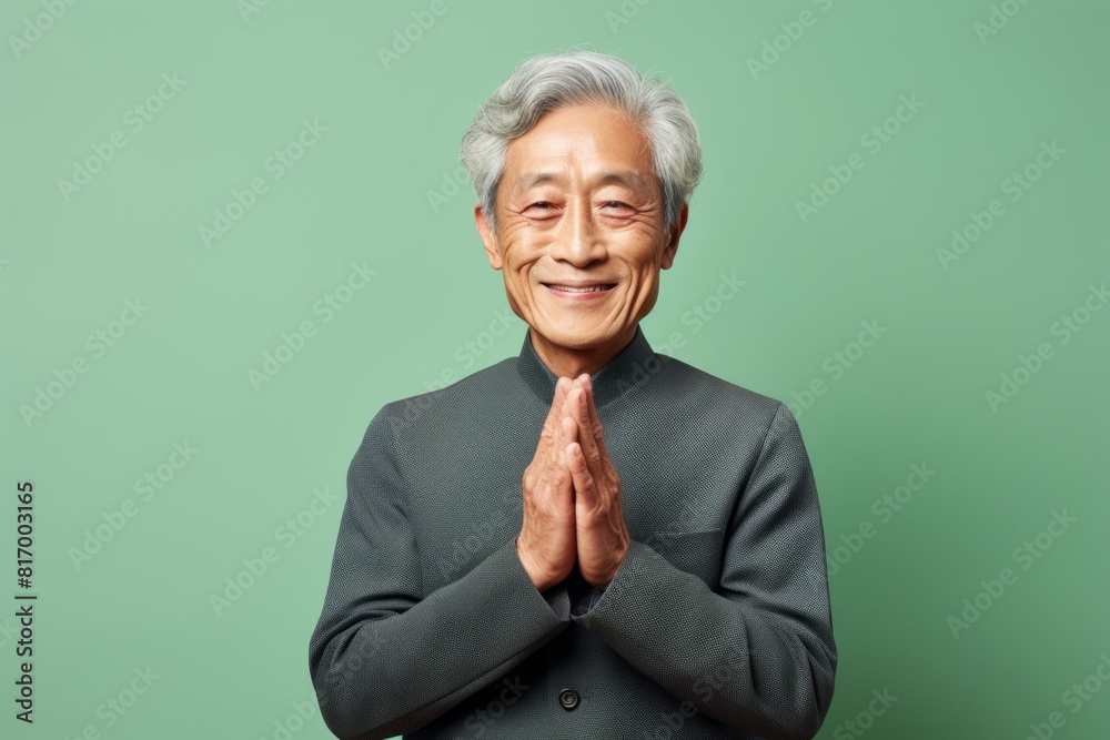 Portrait of a content asian man in his 80s joining palms in a gesture of gratitude isolated on pastel or soft colors background Portrait of a content asian man in his 80s joining palms in a gesture of gratitude isolated on pastel or soft colors background