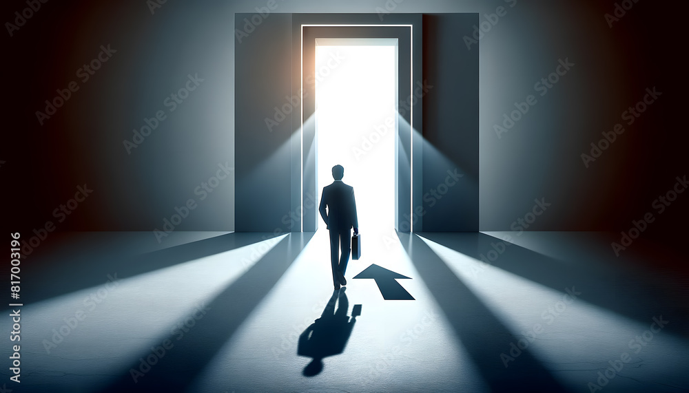 concepts of light, shadow, and contrast in a business setting, with a businessman transitioning from a dark to a brightly lit area. concepts of light, shadow, and contrast in a business setting, with a businessman transitioning from a dark to a brightly lit area.