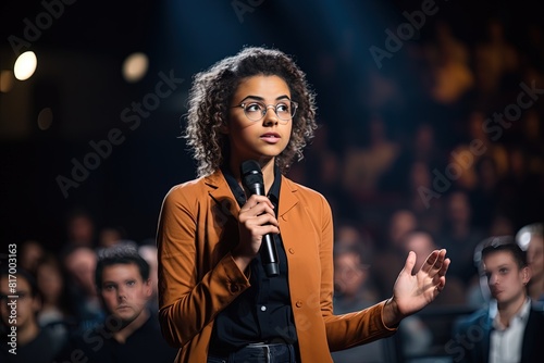 A young woman in eyeglasses entered into a debate with the speaker during a question and answer session. Young professional speaking during a global business summit.