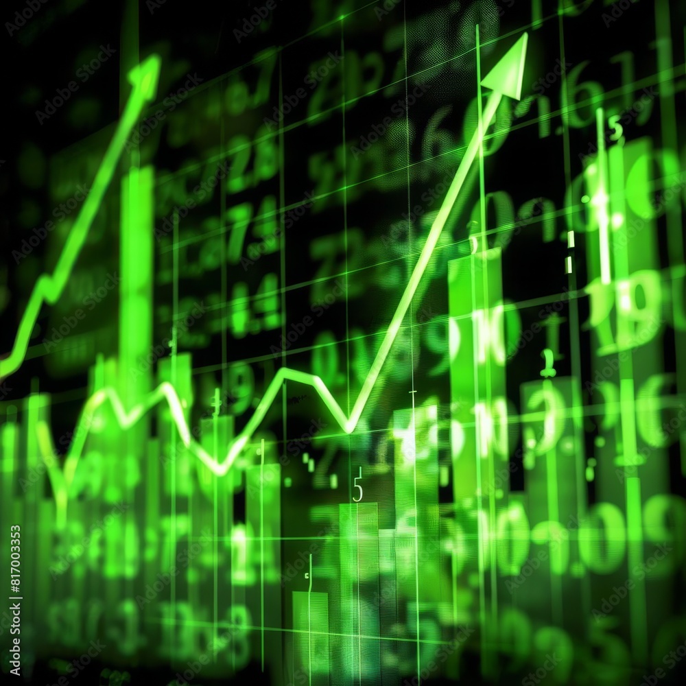 A stock market chart showing a bullish trend with green candlesticks and upward arrows A stock market chart showing a bullish trend with green candlesticks and upward arrows