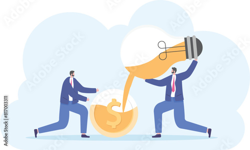 Sharing idea or knowledge sharing, transfer information or wisdom to employees or colleagues, creativity or innovation, learning new skills concept, business people transfer idea to new lightbulb.

