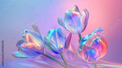 4 holographic tulip flowers in 3D surreal style on gradient holographic rainbow background with copy-space for text. Background series for summer and spring floral.