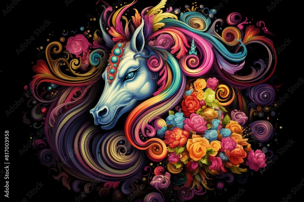 A beautiful unicorn with long, flowing hair and a colorful mane. The unicorn is surrounded by flowers and has a gentle expression on its face. A beautiful unicorn with long, flowing hair and a colorful mane. The unicorn is surrounded by flowers and has a gentle expression on its face.