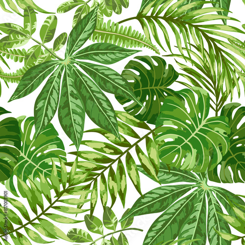 Seamless exotic pattern with tropical leaves. Botanical illustration. Green background.