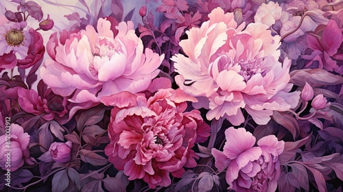 Whimsical watercolor artwork capturing the beauty of a blooming peony garden in shades of blush pink and deep magenta