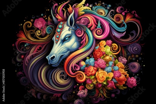 A beautiful unicorn with long  flowing hair and a colorful mane. The unicorn is surrounded by flowers and has a gentle expression on its face.