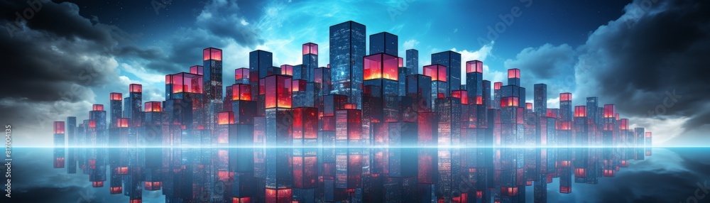 A digital painting of a futuristic city with skyscrapers and a stormy sky.