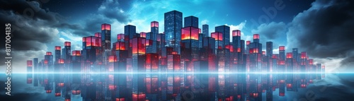 A digital painting of a futuristic city with skyscrapers and a stormy sky.