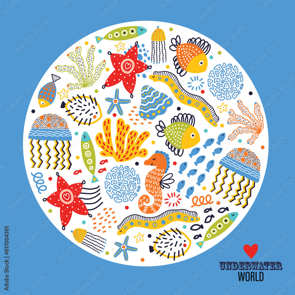 Cute card with sea motif. Kids illustration. Underwater. Cute card with sea motif. Kids illustration. Underwater.